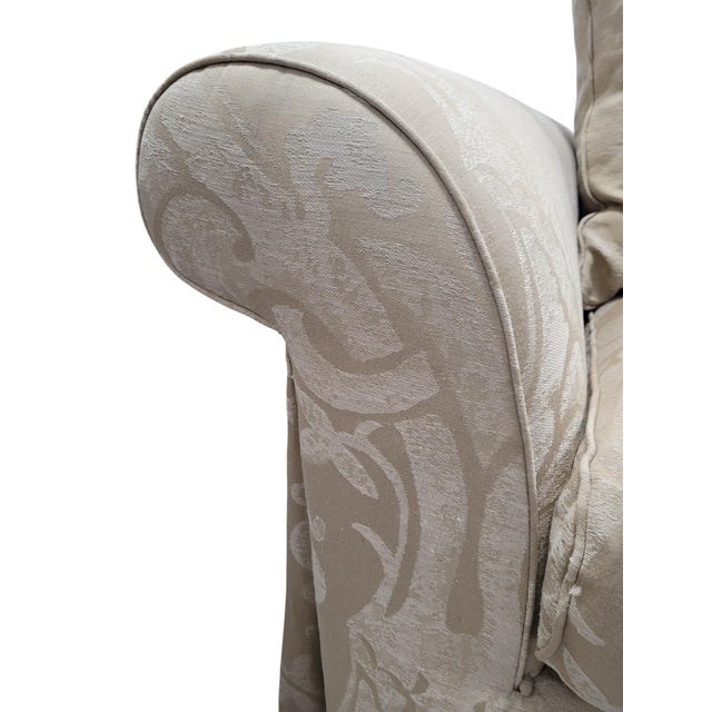 Linen Custom English Roll Arm Bench Seat Damask Loveseat With Pleated Skirt For Sale - Image 8 of 13