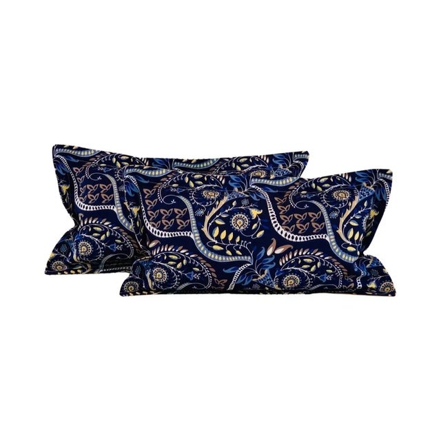 Textile Designer Vicki Payne Free Spirit Blue Brown Tan Yellow Modern Botanical Paisley Leaves Pillow Covers- Pair For Sale - Image 7 of 8