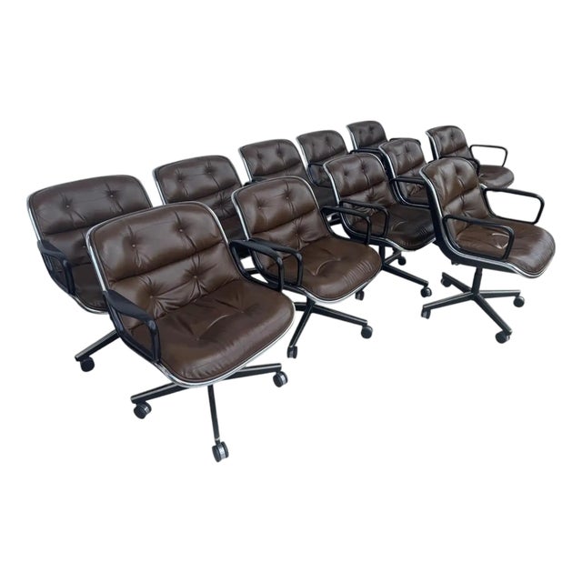 11 Executive Armchairs by Charles Pollock for Knoll Brown Leather For Sale