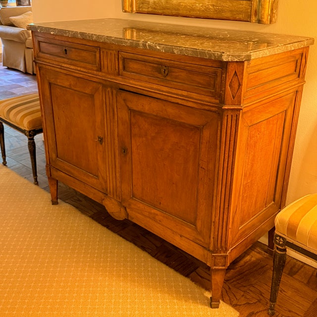 Miller and Arney Directioire Marble Top Server, ca. 1800 An incredibly handsome antique server/cupboard with two drawers...