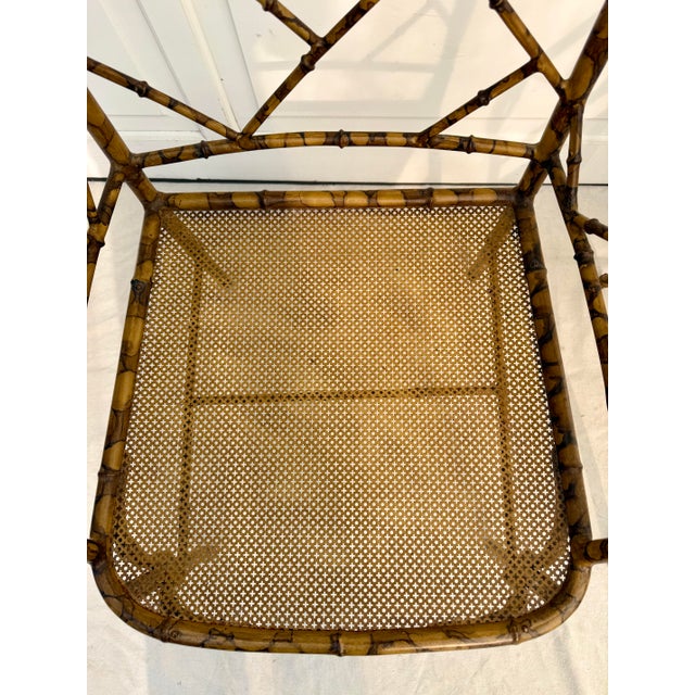 1960s Pair of Mid-20th Century Faux Bamboo Metal Indoor/Outdoor Armchairs With Burnt Bamboo Tortoiseshell Finish For Sale - Image 5 of 16