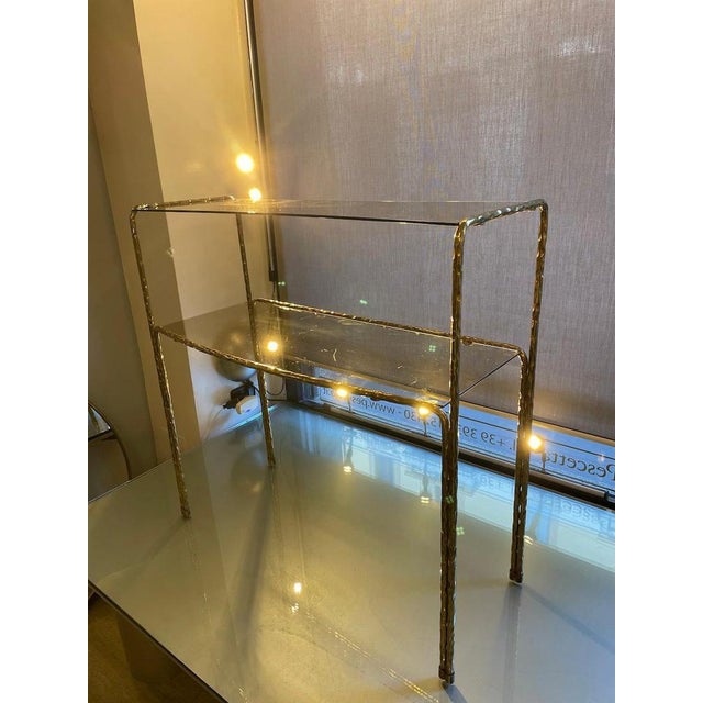 Brass and Smoked Glass Bombe Console Table, 1970s For Sale - Image 3 of 15