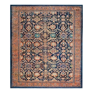 1890s Blue Navyy Floral Antique Persian Malayer Rug 12'4" X 14'8" Handknotted Wool Carpet For Sale
