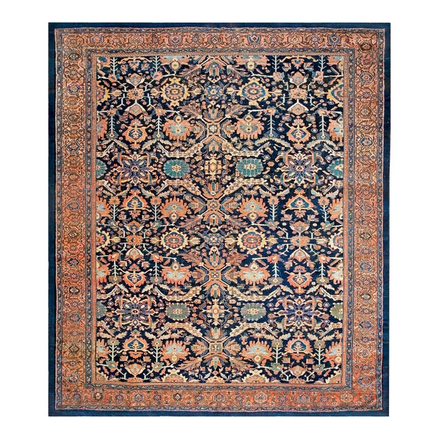 1890s Blue Navyy Floral Antique Persian Malayer Rug 12'4" X 14'8" Handknotted Wool Carpet For Sale