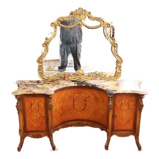 French Louis XV Style Walnut and Satinwood Inlaid Marble Top Vanity Circa 1920's For Sale