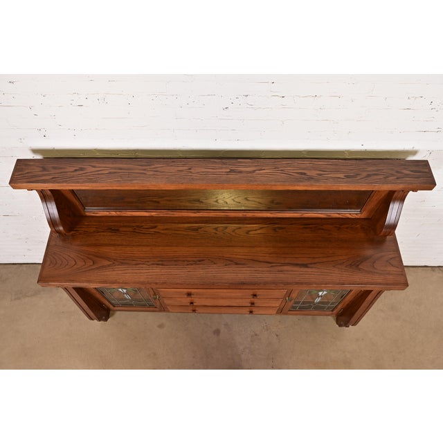 Antique Arts & Crafts Carved Oak Sideboard or Bar Cabinet With Stained Glass Doors, Newly Refinished For Sale - Image 12 of 15
