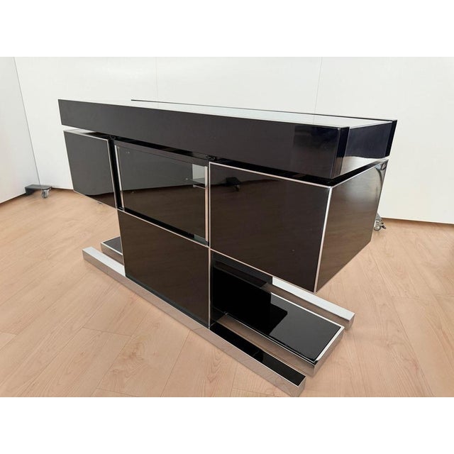 Convertible Bar and Stools in Black Lacquer, Chrome & Leather, Italy, 1970s, Set of 3 For Sale - Image 15 of 18