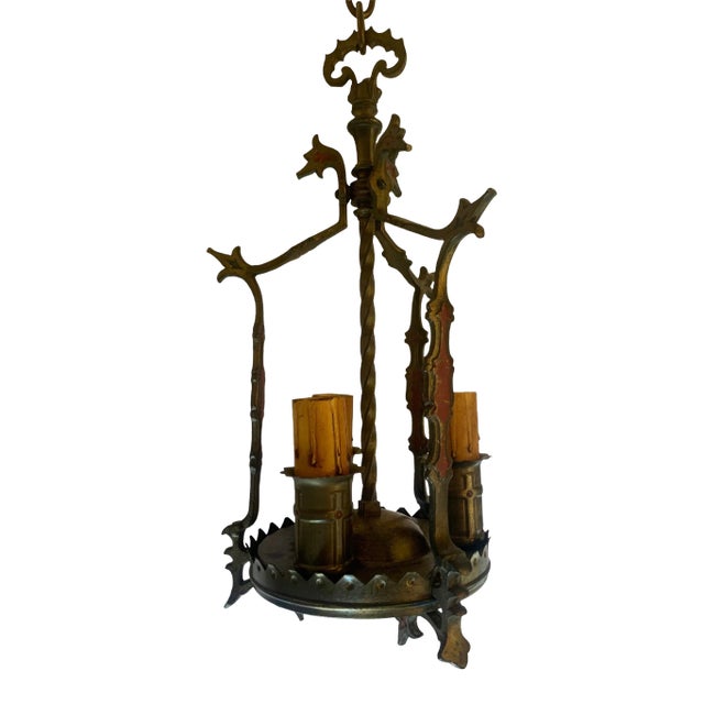 Gothic Style Cast Bronze 3 Light Lantern Pendant With Old Paints, Circa 1920 For Sale