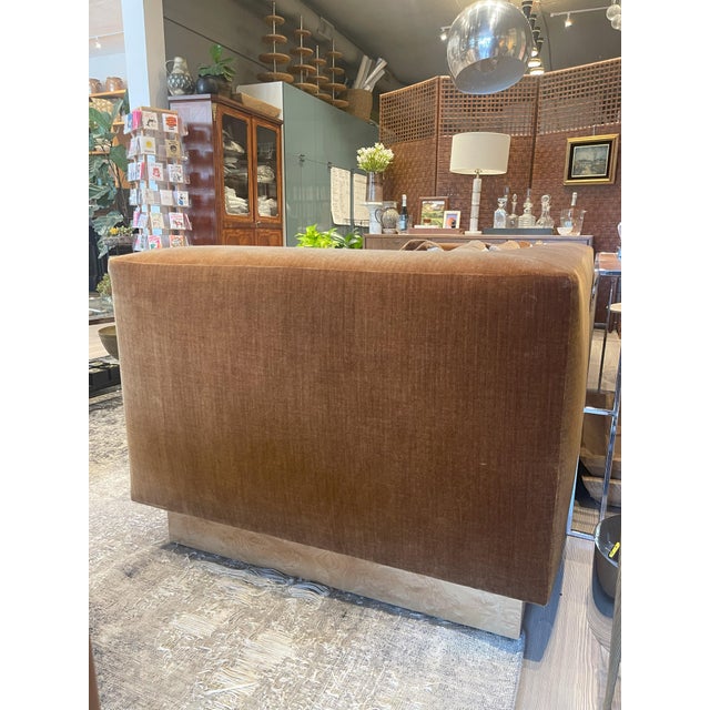 Custom 8' Cisco Tight Back Pumpkin Sofa on Burl Plinth For Sale In Los Angeles - Image 6 of 7