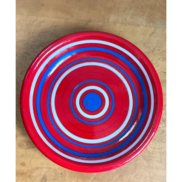 Red Vintage Raymor Red and Blue Striped Ceramic Plate For Sale - Image 8 of 12