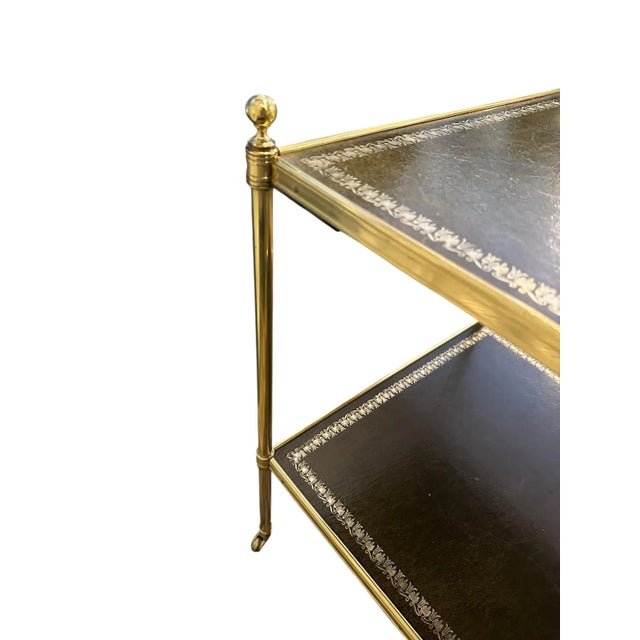 Forest Green Pair of Brass and Green Leather Tooled Two-Tiered Side Tables For Sale - Image 8 of 18