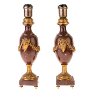 Antique French Rouge Marble & Bronze Satyrs Table Lamps, Set of 2 For Sale