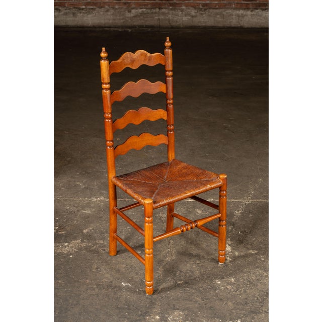 Set of Seven Mid-Century French Country Ladder Back Chairs With Rush Seats For Sale In Chicago - Image 6 of 9