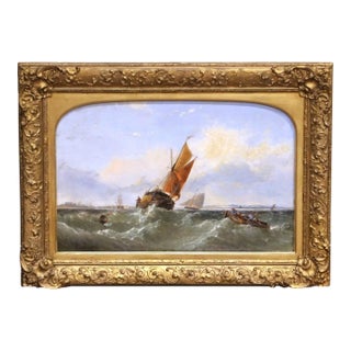 19th Century English Marine Oil Painting of Fishing Vessels in Rough Seas For Sale