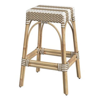 Robias 30 in. Seat Height Rectangular Rattan Backless Bar Stool, Tan/White Stripe/ Natural Rattan Frame For Sale