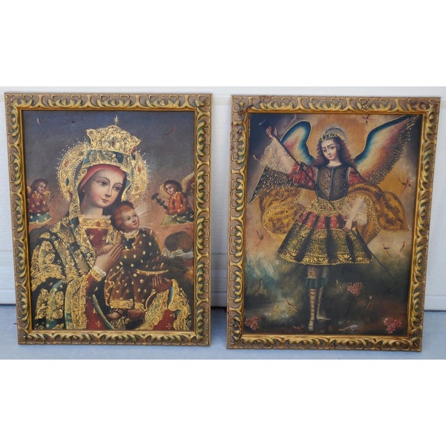 Pair Cusco School Paintings Madonna and Child & Archangel Barachiel 20th Century For Sale - Image 12 of 12