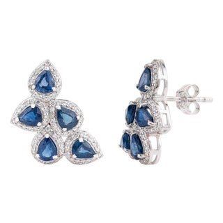 14k Solid Gold Wing-Shaped 4.02 Ct Blue Sapphire Diamond Cluster Earrings- 2 Pieces For Sale
