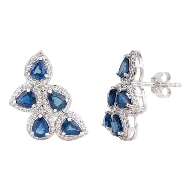 14k Solid Gold Wing-Shaped 4.02 Ct Blue Sapphire Diamond Cluster Earrings- 2 Pieces For Sale