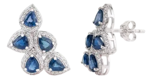 14k Solid Gold Wing-Shaped 4.02 Ct Blue Sapphire Diamond Cluster Earrings- 2 Pieces