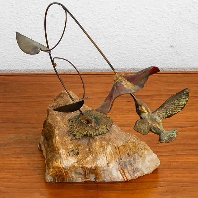 1960s Mid Century Modern Brass Metal Humming Bird and Flower Statue by Unknown Artist For Sale - Image 9 of 12