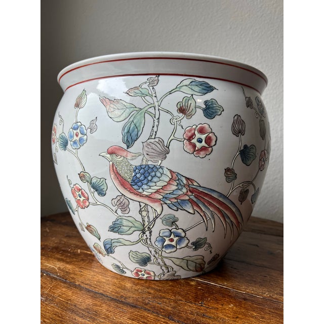 White Vintage Asian Koi Fish and Bird With Floral Design Planter Cache Pot For Sale - Image 8 of 9