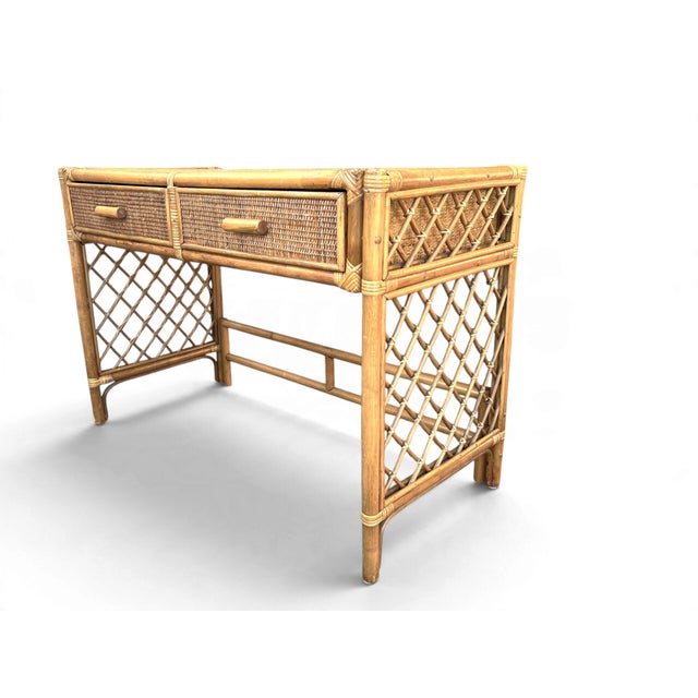 1970s Coastal Rattan Vanity and Writing Desk With Two Storage Drawers For Sale In Los Angeles - Image 6 of 11
