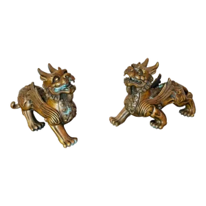 Fine Antique Chinese Bronze Pixiu Wealth Dragon Mythical Beast Figure Statue - a Pair