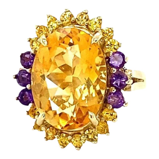 9.80 Carat Citrine Amethyst Yellow Gold Cocktail Ring Size 7 For Sale