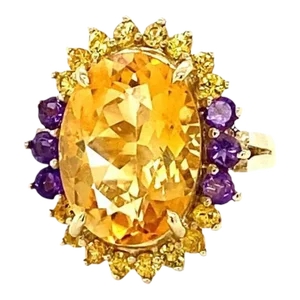 9.80 Carat Citrine Amethyst Yellow Gold Cocktail Ring Size 7