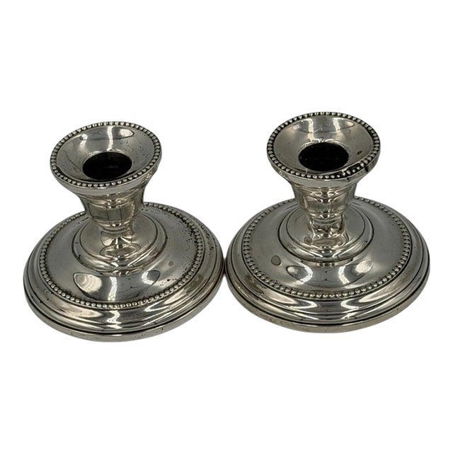 Antique Sterling Silver Candlesticks With Beaded Rim Detail - a Pair For Sale