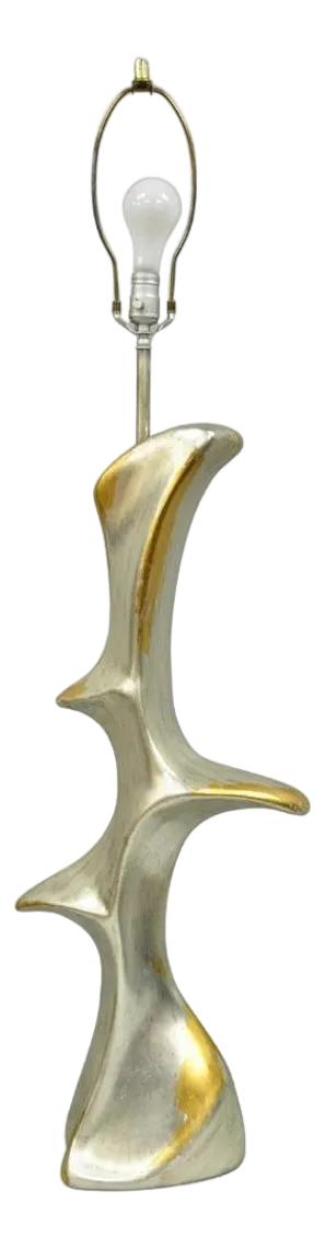 Vintage Brutalist Silver Gold Leaf Sculptural Ceramic Large Abstract Table Lamp