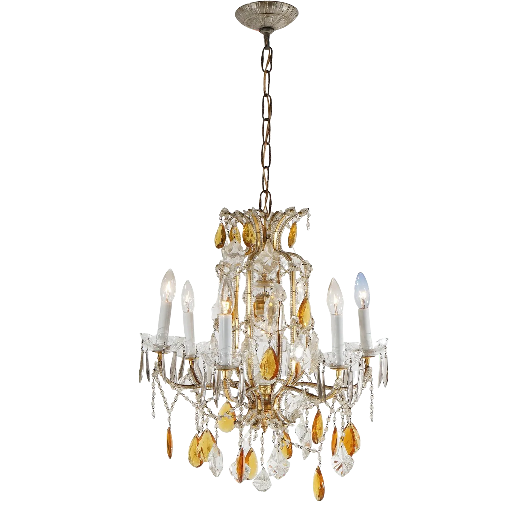 French Louis XIV Style Seven-Light Crystal Chandelier With Amber