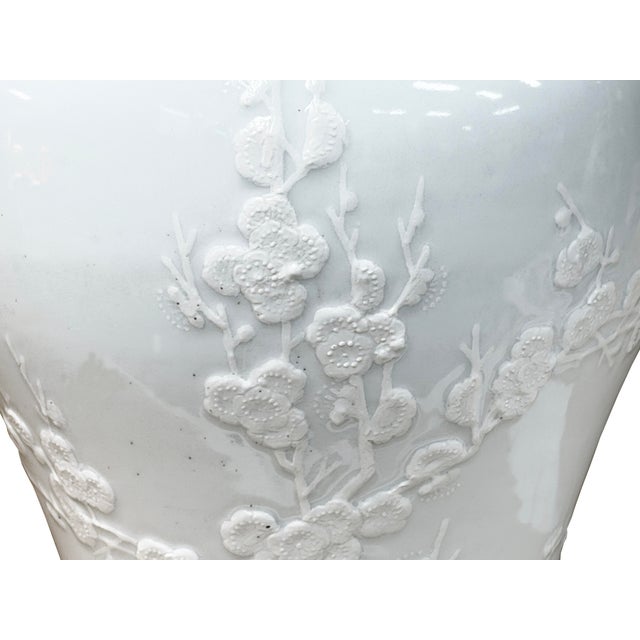 White White Monochrome Round Relief Floral Motif Ceramic General Temple Jar For Sale - Image 8 of 14