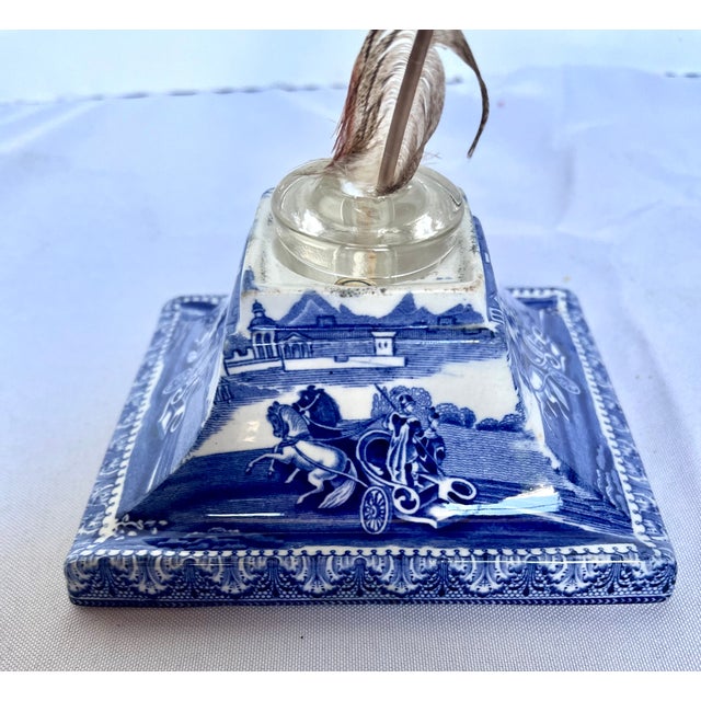 Antique English Blue & White Transferware Pyramidal Inkwell With French Glass Insert & Quill For Sale - Image 14 of 14