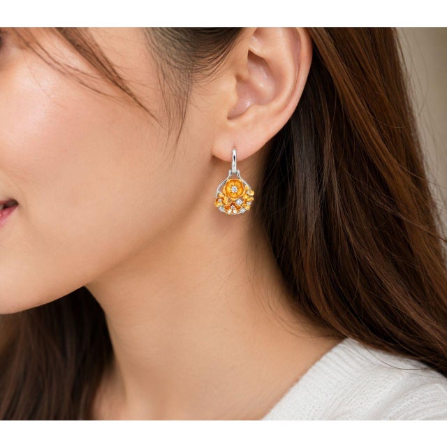 14K White Gold Diamond Rose Flower Drop Earrings. Metal: 14K White Gold Gemstones: Brilliant Round Diamonds - Total 0.4...