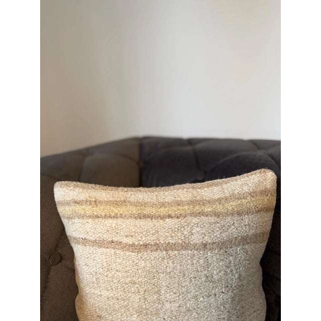 Textile Vintage Turkish Hemp Pillow, Natural Striped Beige Camel Cushion, Handwoven Anatolian Pillow With Insert, 16x16 In For Sale - Image 7 of 7