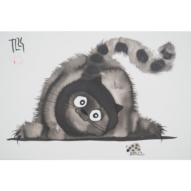 Laszlo Tibay (1962) Cat Watching a Ladybug Ink and wash drawing Signed upper left Authenticated by the artist's stamp On...