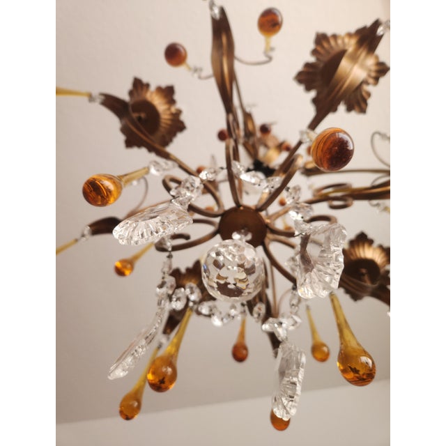 Floral Five-Light Gilded Ceiling Lamp with Crystals and Murano Glass Crystal Drops, 1960s For Sale - Image 15 of 18
