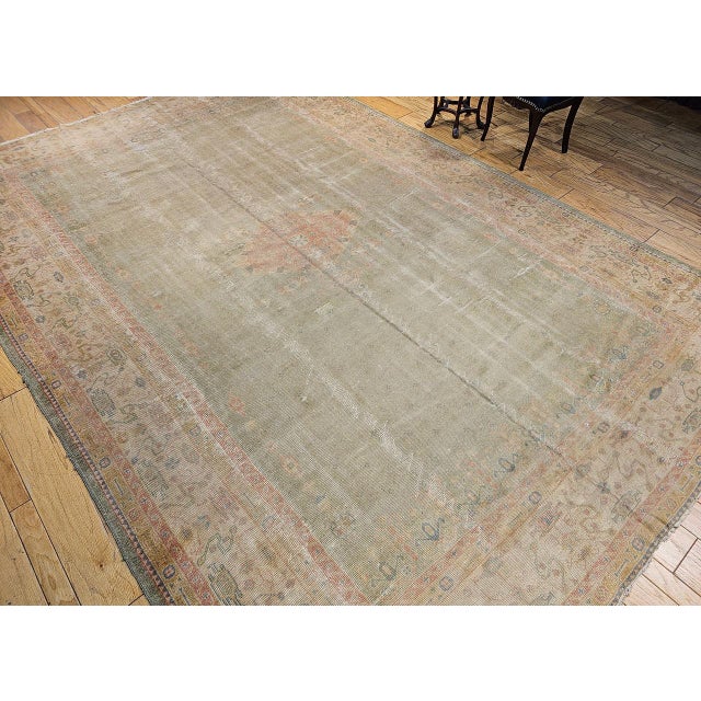 Vintage Turkish Oushak Hand-Knotted Rug in Open Geometric Pattern in Pale Green, Yellow, Pink For Sale - Image 4 of 17