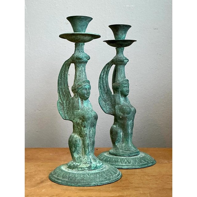 Vintage Patinated Metal Winged Sphinx Candelabras - Pair For Sale - Image 11 of 12