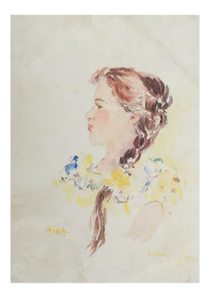 Vintage 1945 Portrait Girl in Yellow Dress Watercolor Painting