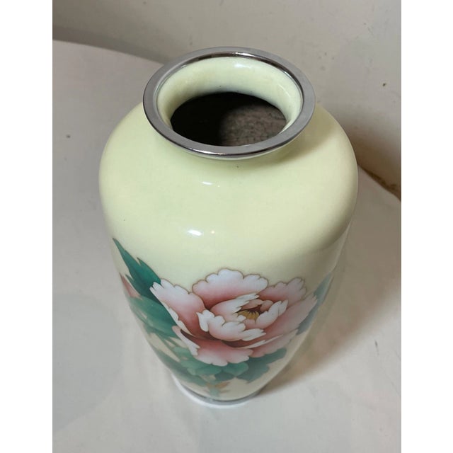 Vintage Signed Japanese Handmade Yellow Enamel Silver Floral Cloisonné Vase Urn For Sale - Image 11 of 12