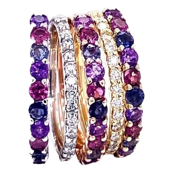 2.74 Carat Gemstone and Diamond Gold Stackable Bands, Size 7 For Sale