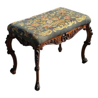 Early 20th Century Antique French Louis XV Style Walnut Vanity Bench With Needlepoint Floral Basket For Sale
