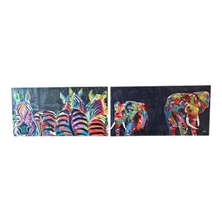 Vintage Vibrant Safari Elephant and Giraffe on Glossy Canvas Set by Sought After Tracy Miller - Set of 2 For Sale