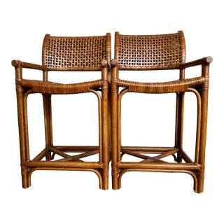 Rawhide Leather Woven Rattan Stools - a Pair For Sale