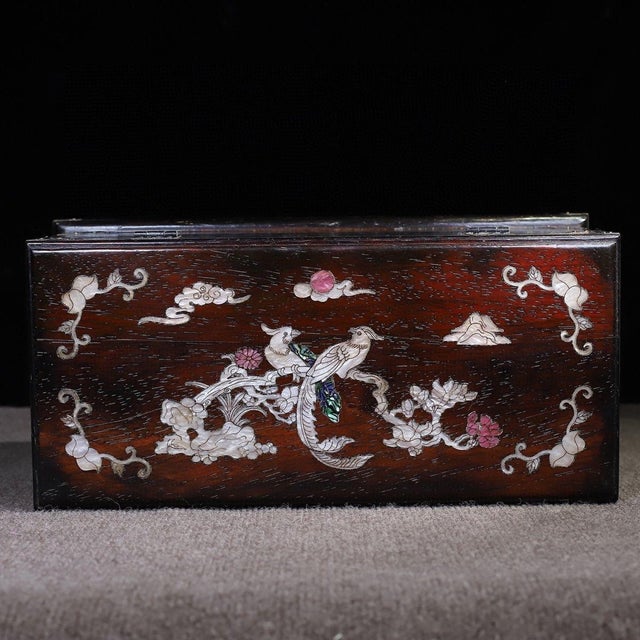 This beautifully crafted large rectangular box features a rich, dark reddish-brown wood grain (described as old-stock...