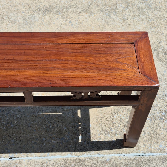Asian Antique Vintage Asian Carved Elm Wood 44” Long Bench Accent Table Window Seat Plant Stand For Sale - Image 3 of 11