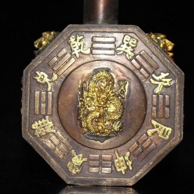 Vintage Chinese Bronze Octagonal Snuff Bottle With Bagua & Gilt Deity For Sale - Image 9 of 9