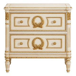 Louis XVI Italian Nightstand in Glazed White & Gold Leaf For Sale